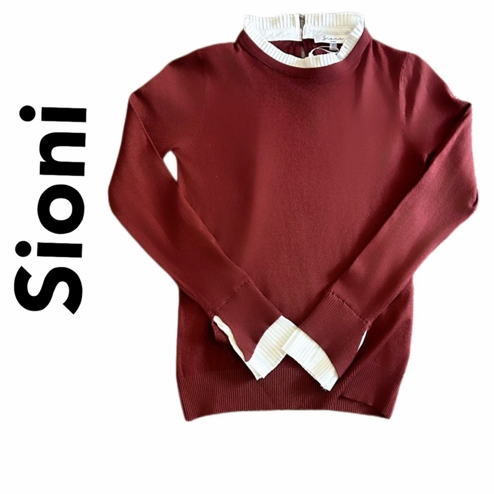 Sioni Milano Sweater Maroon Cowl Pleated Ruffle Neck/Cuffs Sz M‎ Romance core